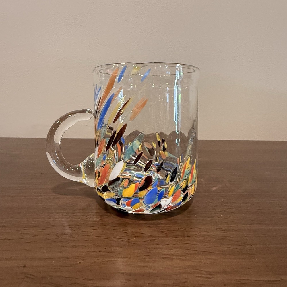 Hand Blown Art Glass Mug Multicolor Confetti Frit Clear Handle Studio Glass 4.5" - Picture 8 of 8